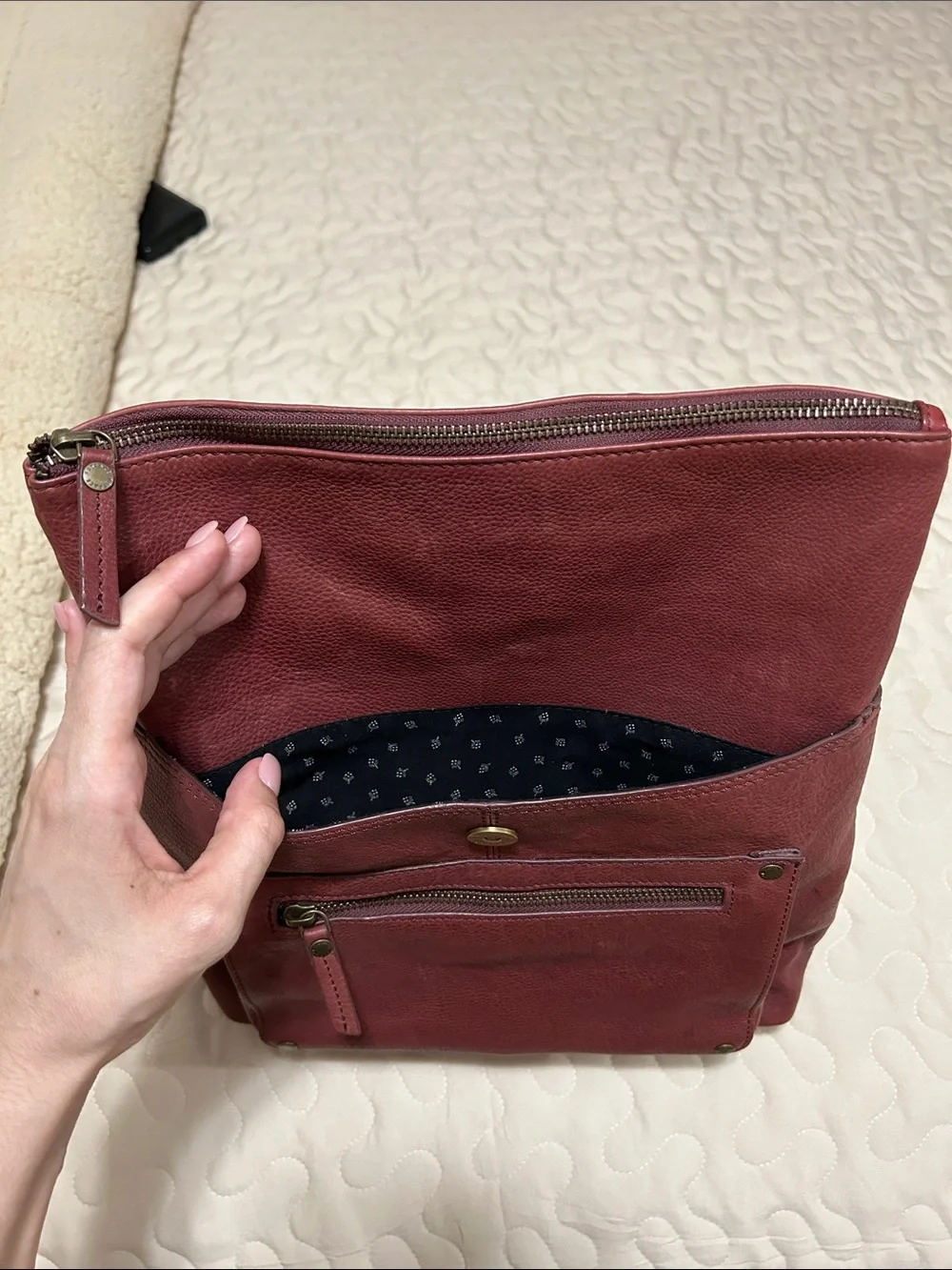 Genuine Leather Red Backpack with Front Zip Pocket